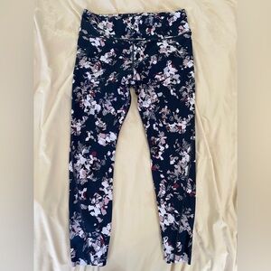 ATHLETA Women's Floral Print Stretch Leggings - Navy Blue/Pink